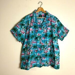 Vintage Benny’s Pink Flamingo and Palm Tree Teal Hawaiian Style Shirt size 4X